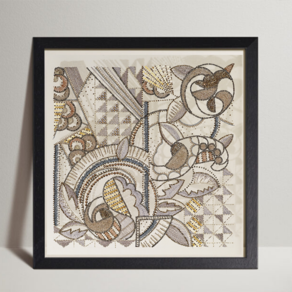 Tableau de broderie inspiré des années 20 : moderne, perles, motifs.